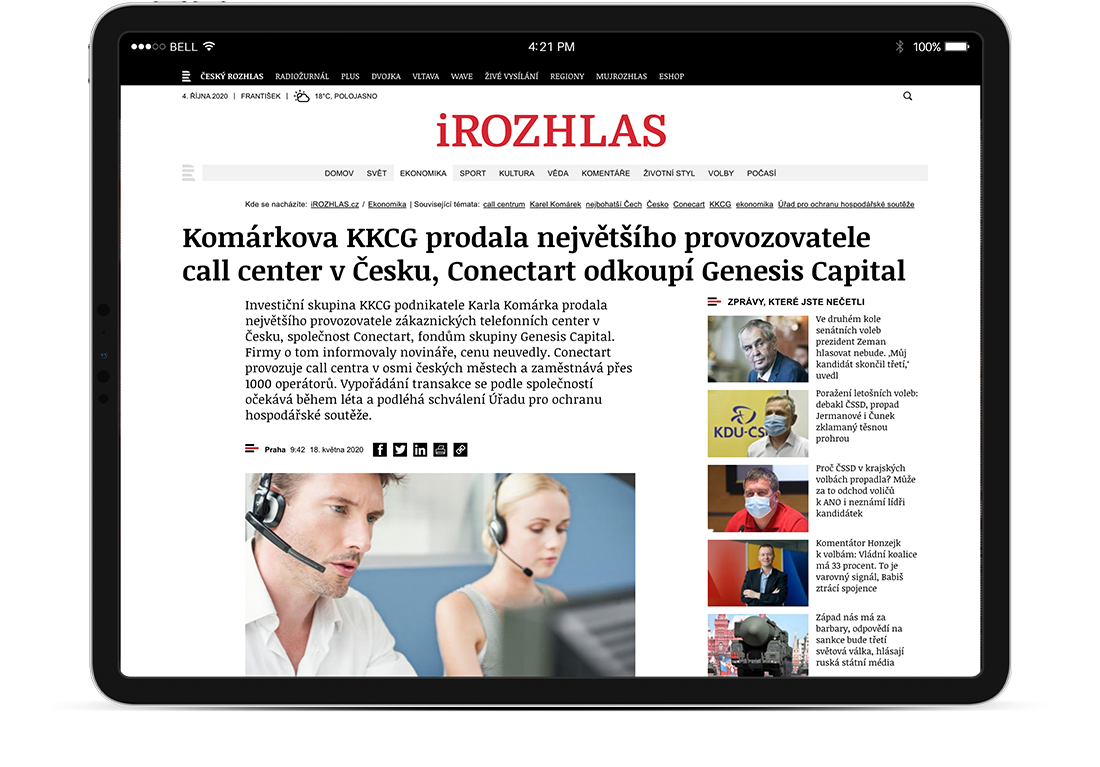 Zprávu o prodeji Conectartu jsme exkluzivně nabídli redaktorům z ČTK. Informace se pak objevila v nejčtenějších a nejsledovanějších českých médiích.